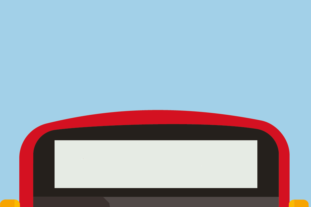 Cartoon of the top of a red London Bus against a blue sky