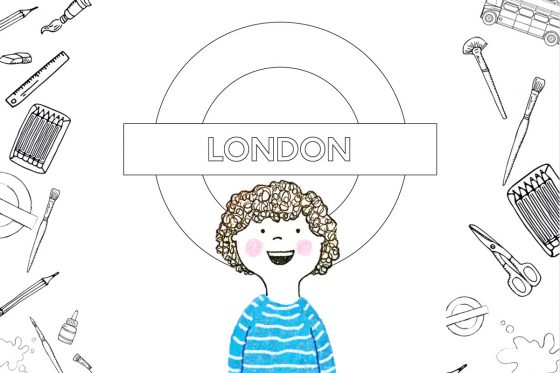 Illustration of a child in front of a roundel line art drawing