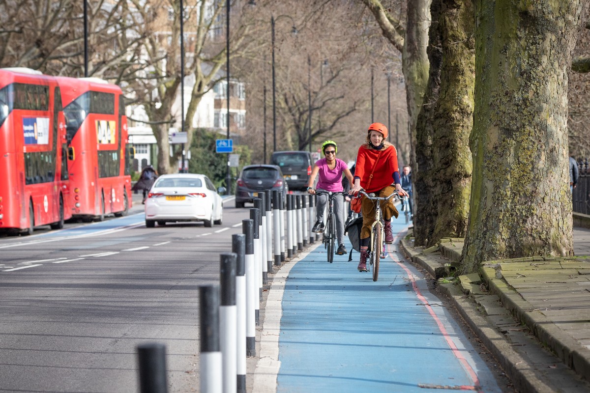 Women on a cycle lane in London