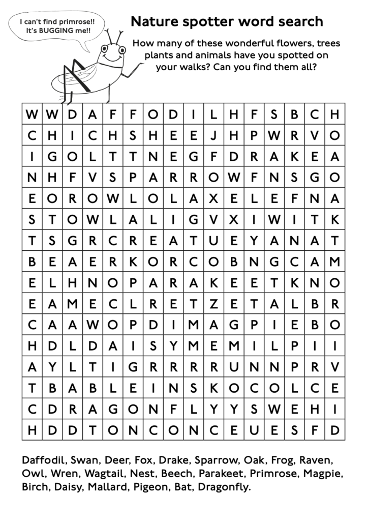Nature spotter word search activity sheet.