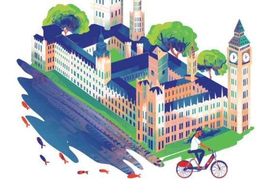 Illustration of someone on a Santander Cycle going past the Houses of Parliament