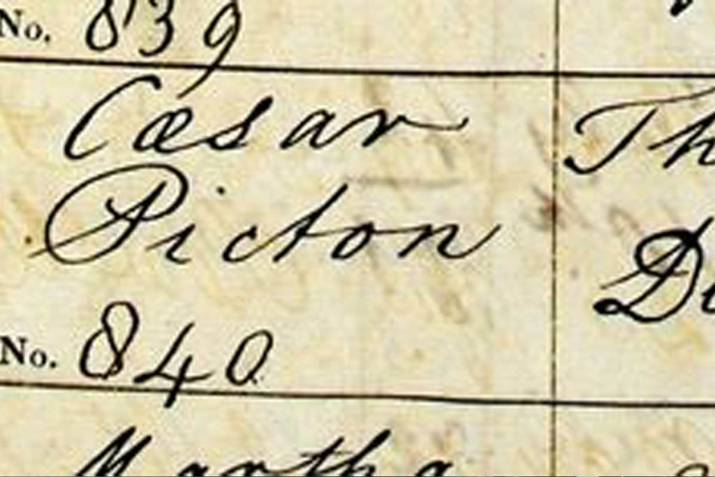 Parish register entry for the burial of Cesar Picton, aged 81 years, at All Saints Church, Kingston-upon-Thames